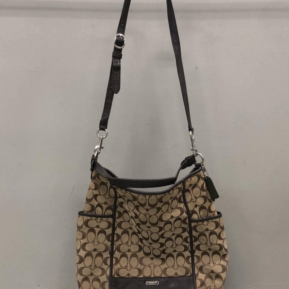Coach Brown and Black Signature Shoulder Bag